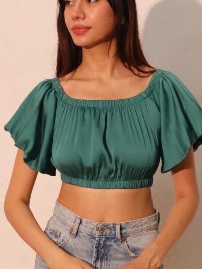 Washed Poly Silk Bubble Sleeve Crop Top