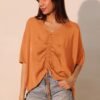 Washed Poly Silk Drawstring Dolman Top