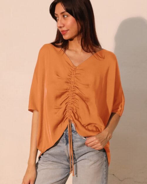 Washed Poly Silk Drawstring Dolman Top