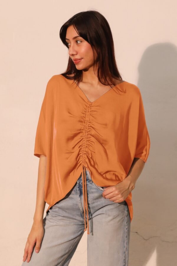 Washed Poly Silk Drawstring Dolman Top