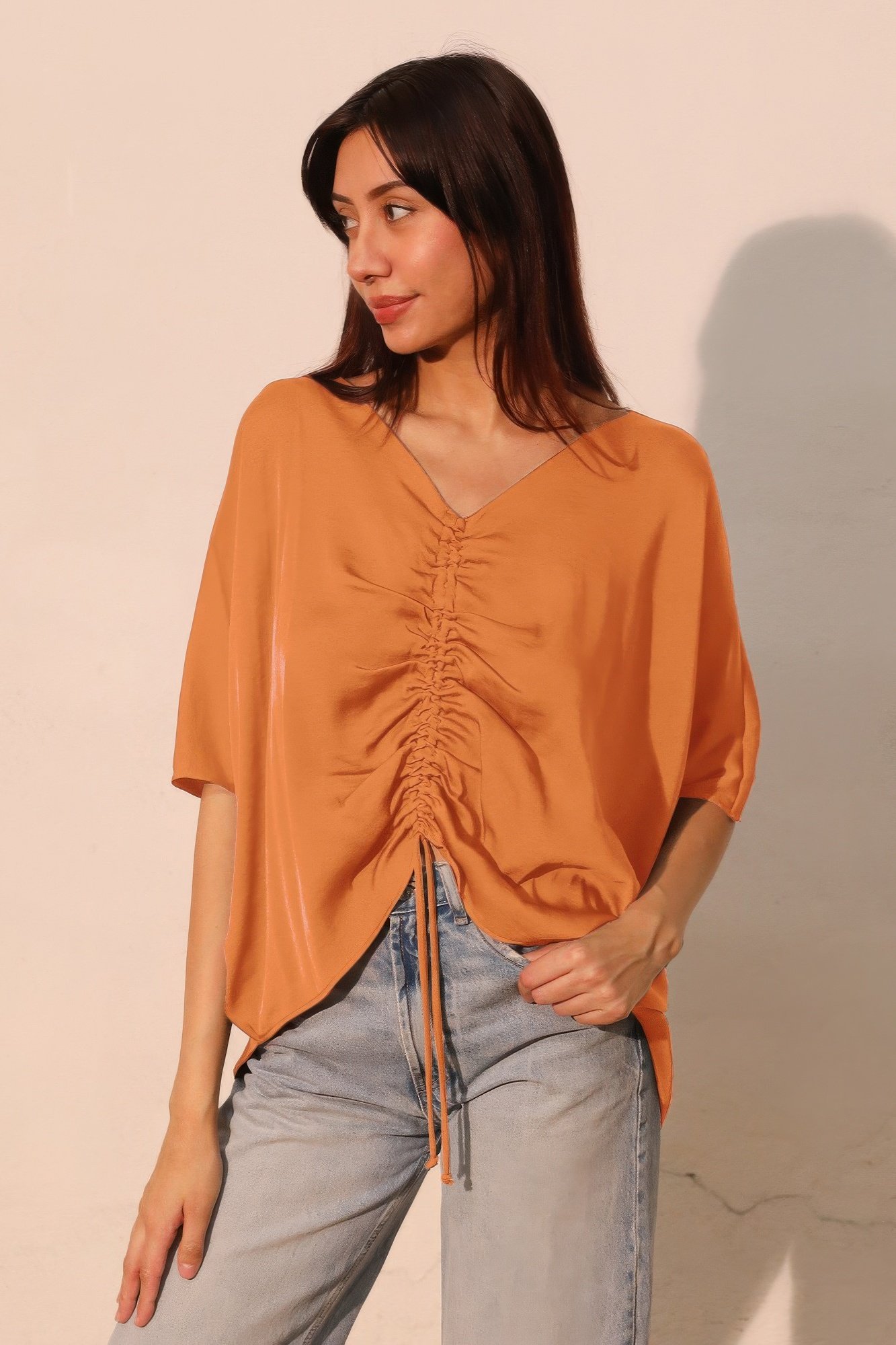washed poly silk drawstring dolman top