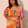 Isla Tropical Satin Bubble Sleeve Crop Top