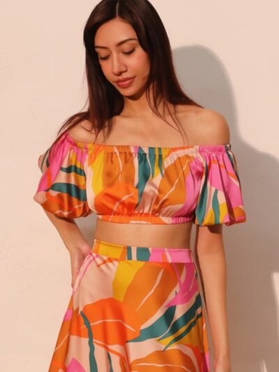 Isla Tropical Satin Bubble Sleeve Crop Top