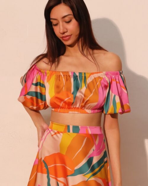 Isla Tropical Satin Bubble Sleeve Crop Top