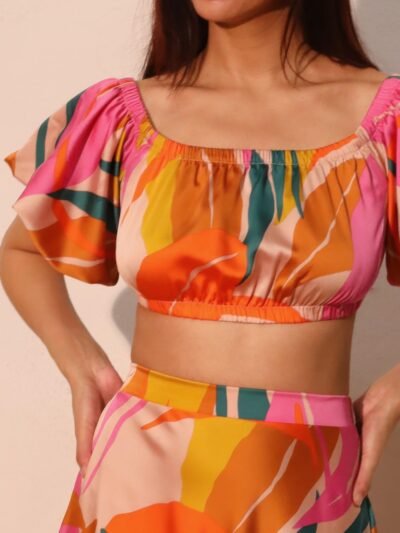 Isla Tropical Satin Bubble Sleeve Crop Top Isla Tropical Satin Bubble Sleeve Crop Top