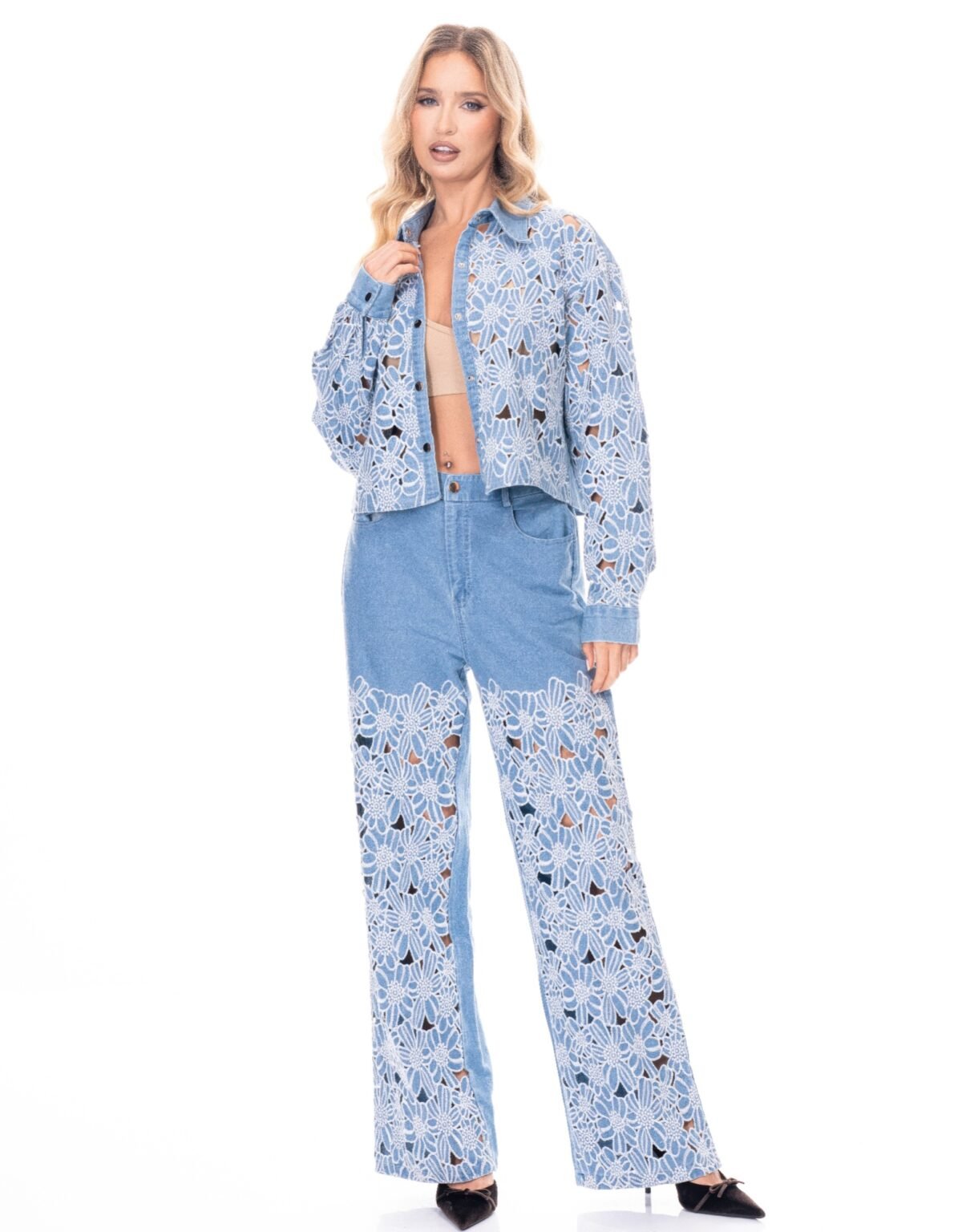 women’s floral denim co-ord set | jacket & wide-leg jeans