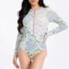 White Flower Print Long Sleeve Swimsuit
