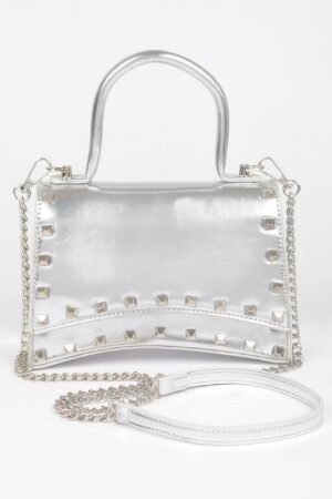 Metallic Faux Leather Studded Top Handle Clutch Metallic Faux Leather Studded Top Handle Clutch
