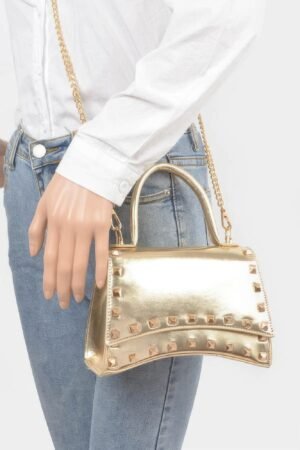 Metallic Faux Leather Studded Top Handle Clutch Metallic Faux Leather Studded Top Handle Clutch