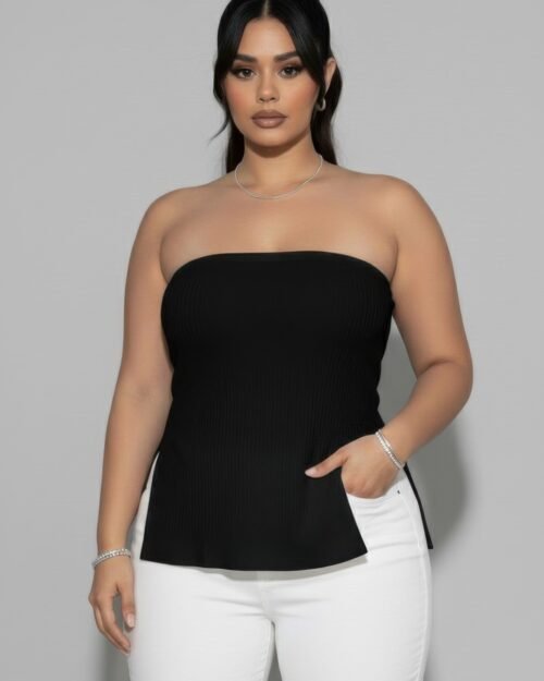 Plus Strapless Ribbed Side-slit Flare Top