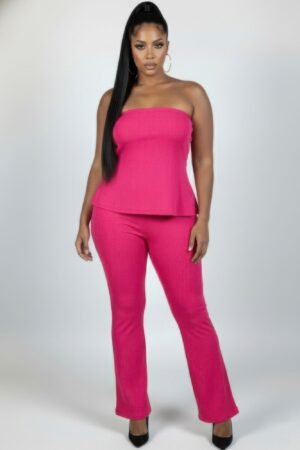 Plus Size Ultra-fine Ribbed Slit Tube Top & High-waist Flare Pants Set Plus Size Ultra-fine Ribbed Slit Tube Top & High-waist Flare Pants Set