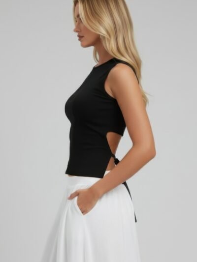 Sleeveless Mock Neck Top With Adjustable Side Slit Tie Sleeveless Mock Neck Top With Adjustable Side Slit Tie