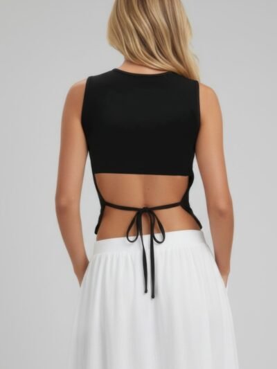 Sleeveless Mock Neck Top With Adjustable Side Slit Tie Sleeveless Mock Neck Top With Adjustable Side Slit Tie