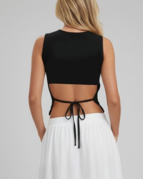 sleeveless mock neck top with adjustable side slit tie