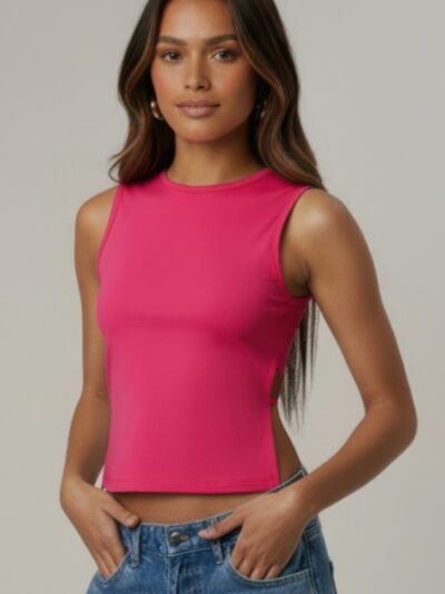 Sleeveless Mock Neck Top With Adjustable Side Slit Tie Sleeveless Mock Neck Top With Adjustable Side Slit Tie