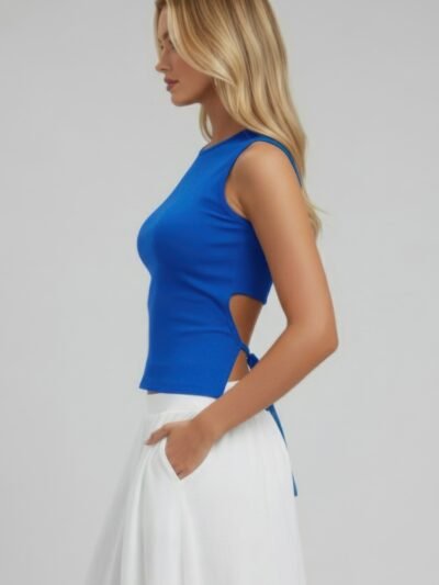 Sleeveless Mock Neck Top With Adjustable Side Slit Tie Sleeveless Mock Neck Top With Adjustable Side Slit Tie