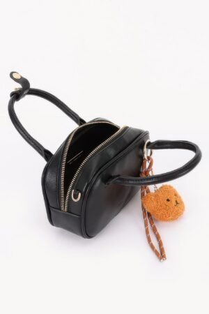 Vegan Leather Mini Bowling Bag With Bear Charm Vegan Leather Mini Bowling Bag With Bear Charm