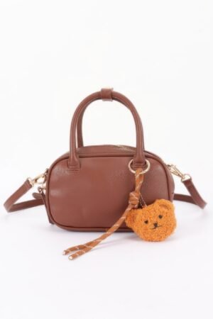 Vegan Leather Mini Bowling Bag With Bear Charm Vegan Leather Mini Bowling Bag With Bear Charm