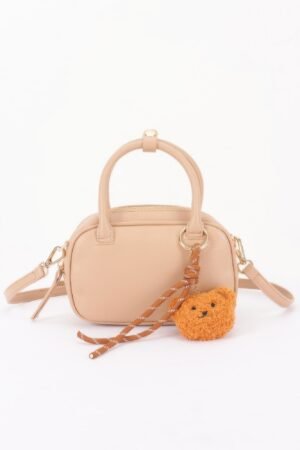 Vegan Leather Mini Bowling Bag With Bear Charm Vegan Leather Mini Bowling Bag With Bear Charm