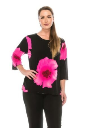 3/4 Sleeve Floral Top – Black Background Print Top