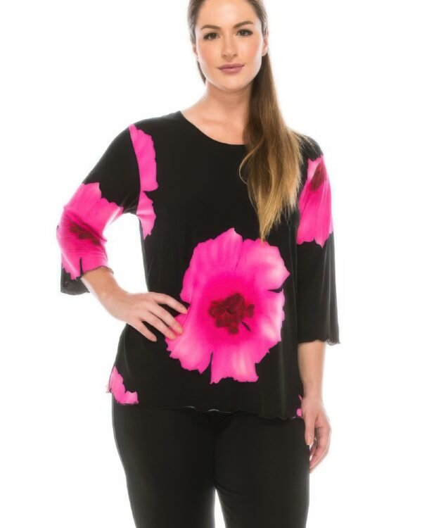 3/4 Sleeve Floral Top – Black Background Print Top
