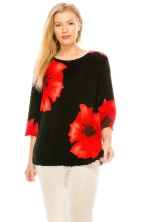 3/4 Sleeve Floral Top – Black Background Print Top Bns Print Missy Tank Dress