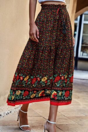 Drawstring Floral Ruffled Maxi Skirt Drawstring Floral Ruffled Maxi Skirt