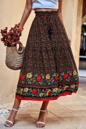 Drawstring Floral Ruffled Maxi Skirt Drawstring Floral Ruffled Maxi Skirt
