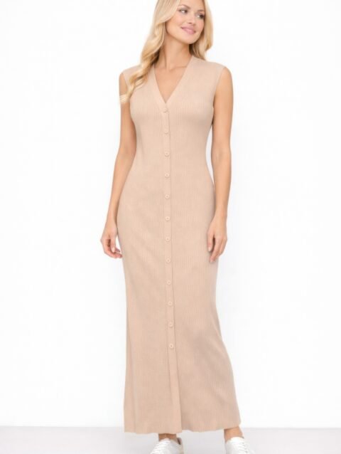 Button front dress sleeveless maxi in ribbed knit for women