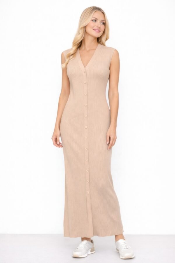 Button front dress sleeveless maxi in ribbed knit for women