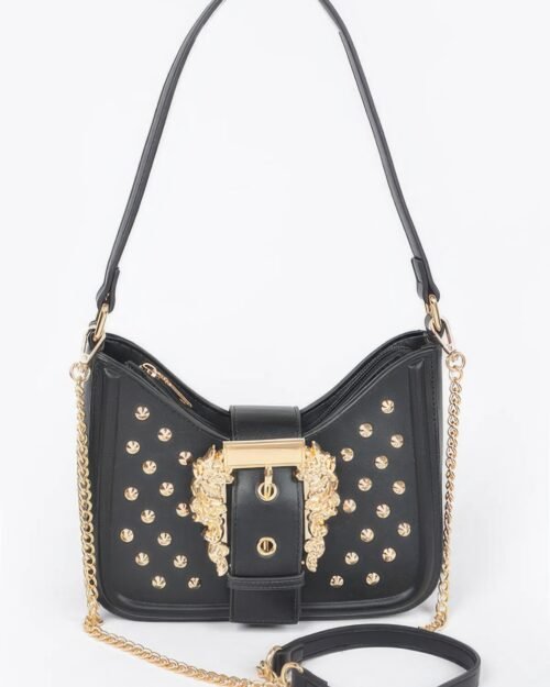 Faux Leather Studded Metal Buckle Shoulder Bag
