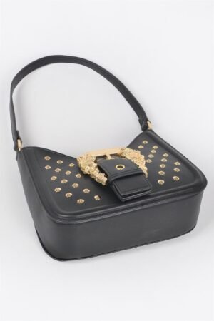 Faux Leather Studded Metal Buckle Shoulder Bag