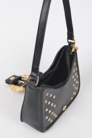 Faux Leather Studded Metal Buckle Shoulder Bag