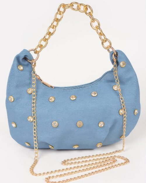 Denim Stone Stud Chain Handle Bag