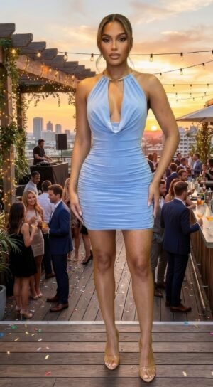 Mini Dress,draped Cowl Neck,necklace Draped Cowl Neck Mini Dress – Built-In Necklace Detail