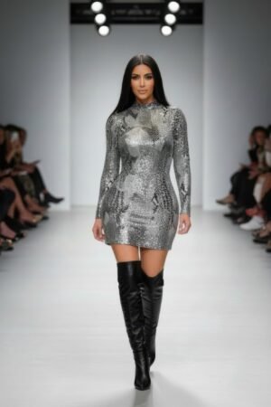 Long Sleeve Body Con Pu Silver Snake Mini