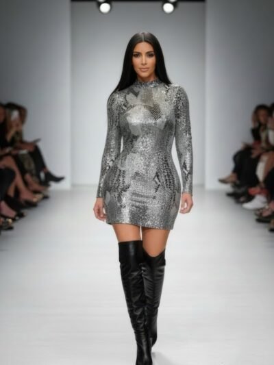 Long Sleeve Body Con Pu Silver Snake Mini