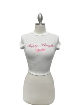 Happy Thoughts Graphic Baby Tee With Bow Detail Happy Thoughts Graphic Baby Tee With Bow Detail