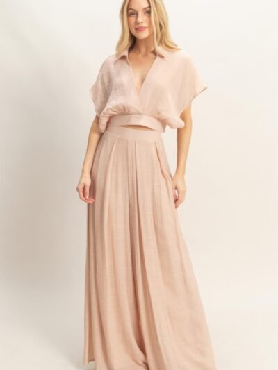 Collared Wrap Top & Wide-leg Pants Set