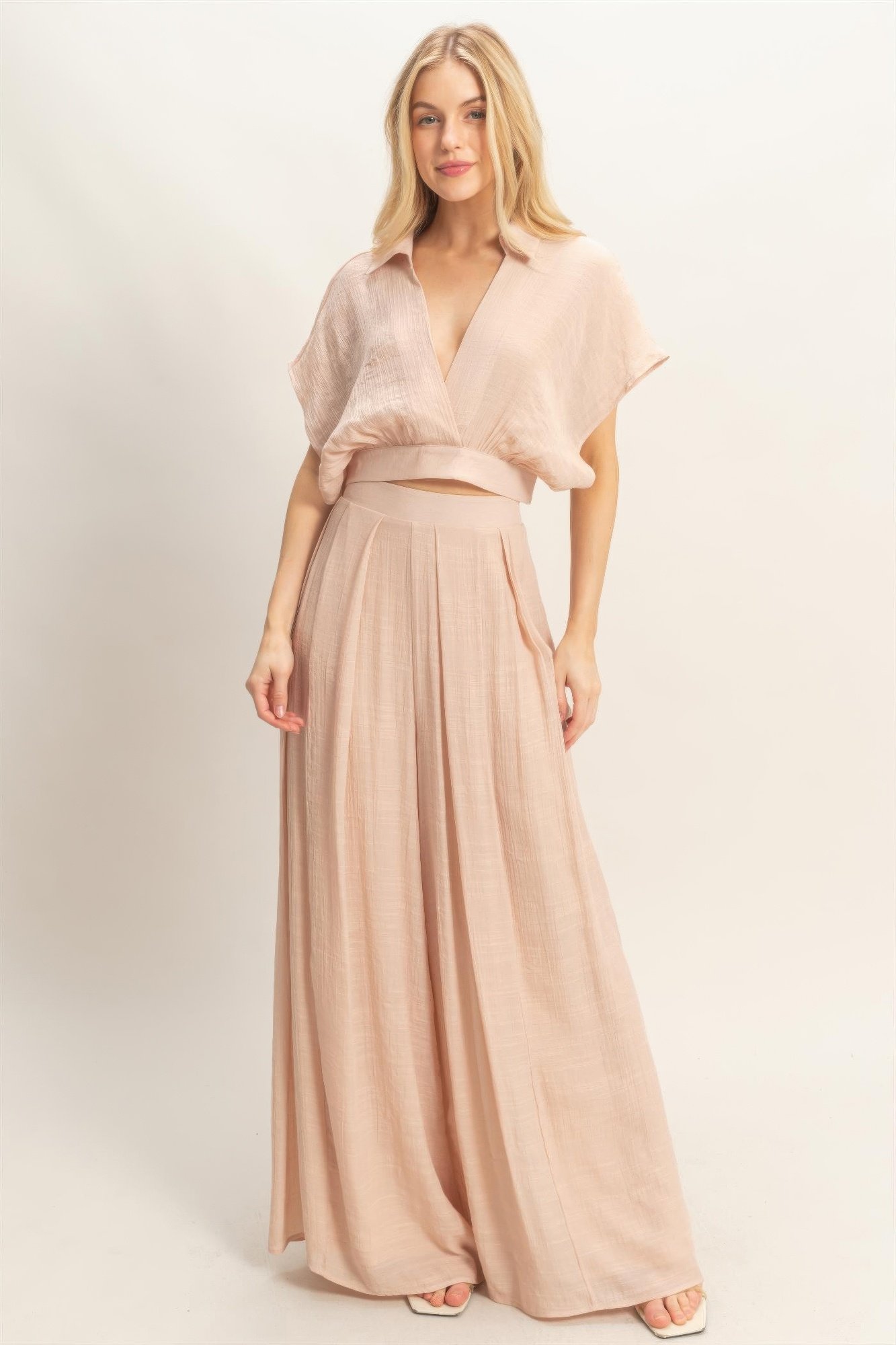Collared Wrap Top & Wide-leg Pants Set Collared Wrap Top & Wide-leg Pants Set