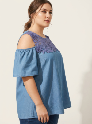 Lace Yoke Cold-shoulder Chambray Blouse