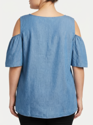 Lace Yoke Cold-shoulder Chambray Blouse