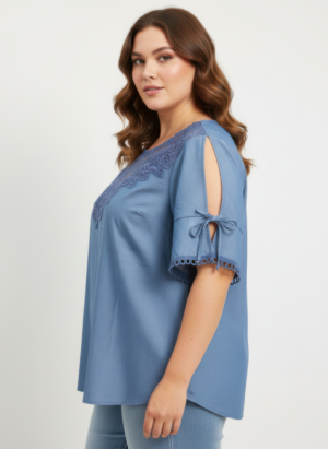 Lace Yoke Cold-shoulder Tie Sleeve Knit Top