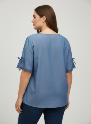 Lace Yoke Cold-shoulder Tie Sleeve Knit Top