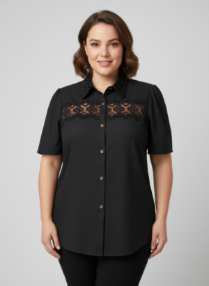 Lace Panel Button-front Collared Blouse