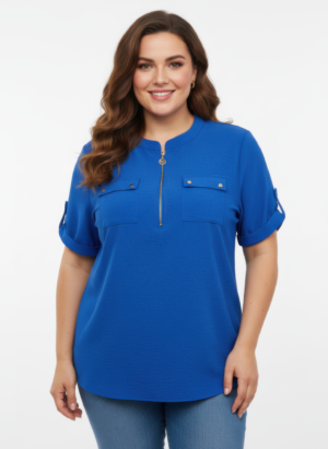 Zip-front Utility Pocket Roll-tab Sleeve Top