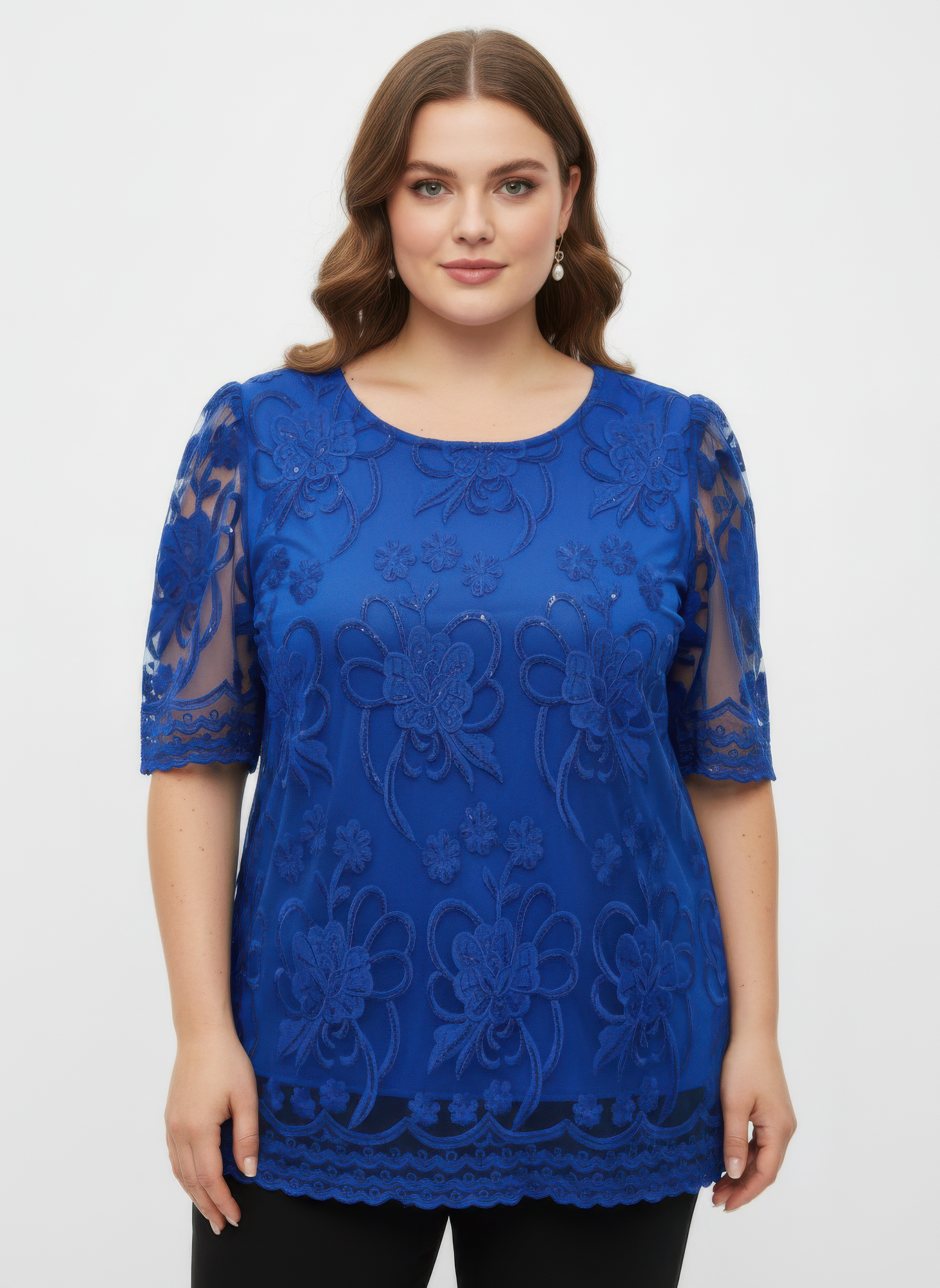 Embroidered Lace Overlay Short Sleeve Top Embroidered Lace Overlay Short Sleeve Top