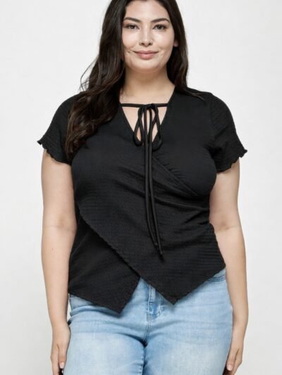 Plus Size Textured Wrap Top With Tie Neck