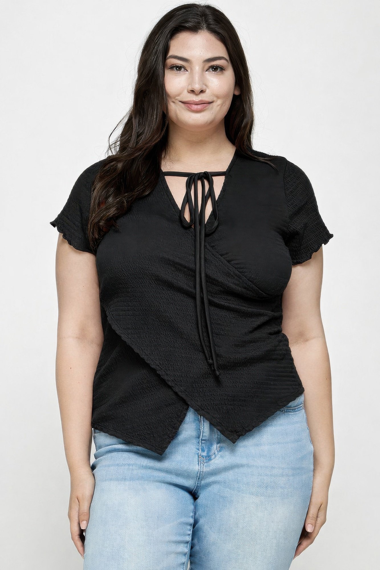Plus Size Textured Wrap Top With Tie Neck Plus Size Textured Wrap Top With Tie Neck