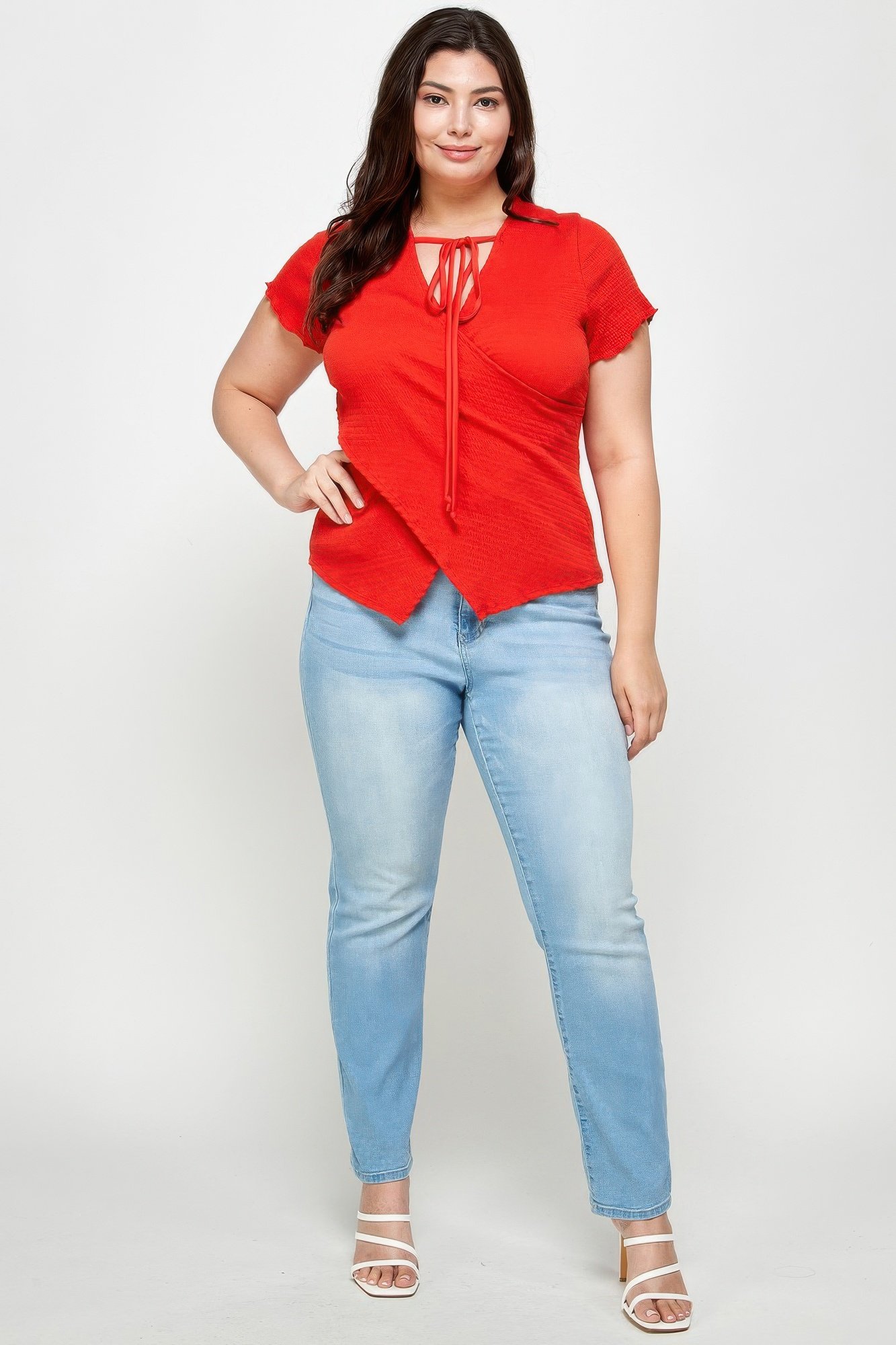 Plus Size Textured Wrap Top With Tie Neck Plus Size Textured Wrap Top With Tie Neck - Image 3